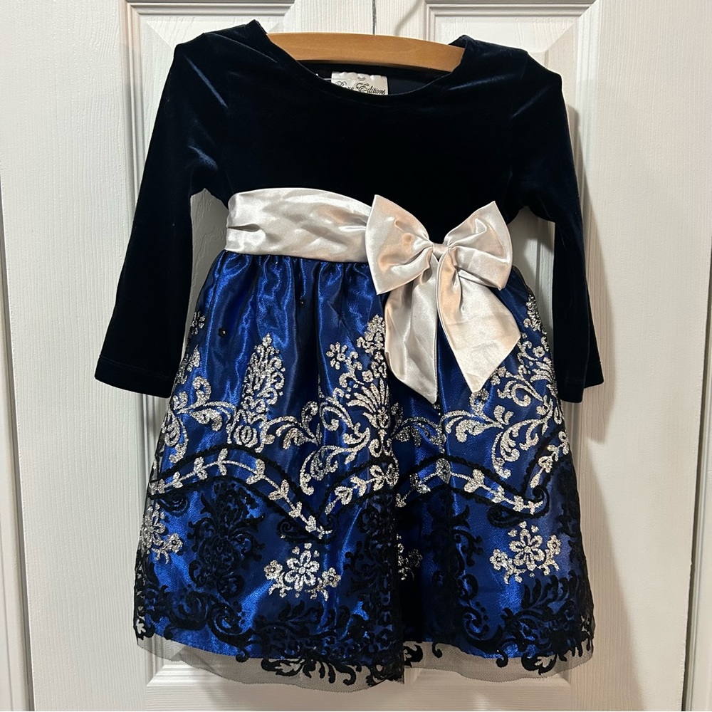 Rare Editions Toddler 2T Navy and Silver Glitter Christmas Dress Multi Layer